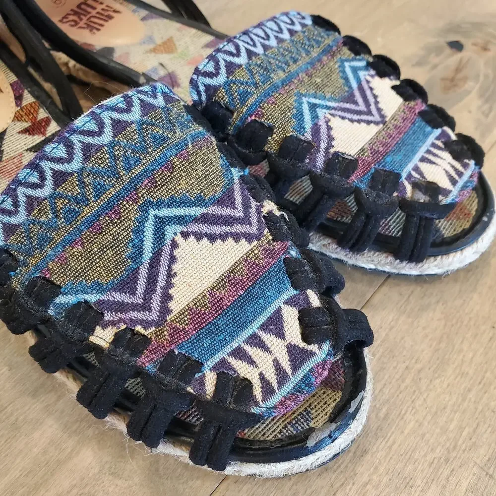 MUK LUKS Espadrille Sandal Shoes Sz 9 Southwestern SlipOn Open Toe Aztec Leather